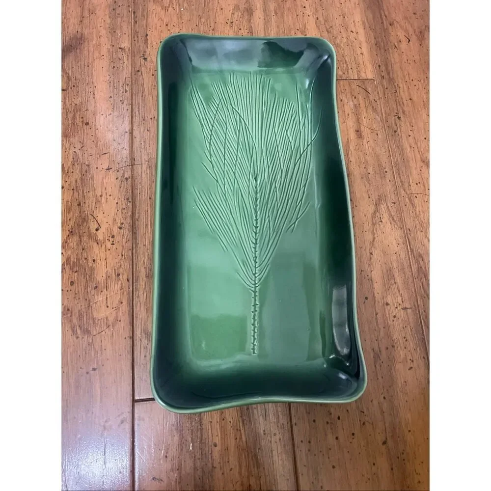 Kay Wayne Signed Studio Art Pottery Pine Needle Branch Green Serving Platter